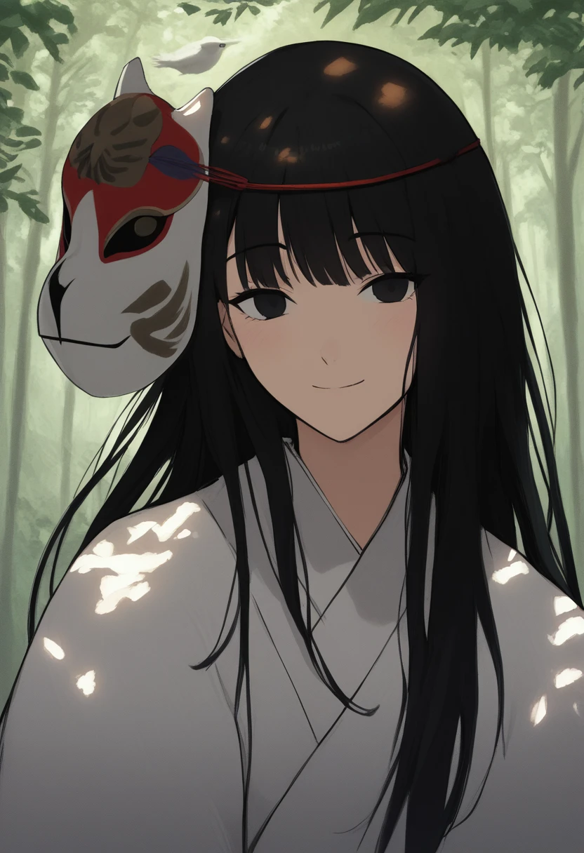 score_8_up, woman, smile, long hair, black hair, black eyes, looking at viewer, seductive smile, light blush, outdoors, forest, upper body, shade, bird mask, white kimono, mask on head, 
<lora:DarkerThanDarkV1.5:0.5> 
<lora:AnimalMasks-000009:1>