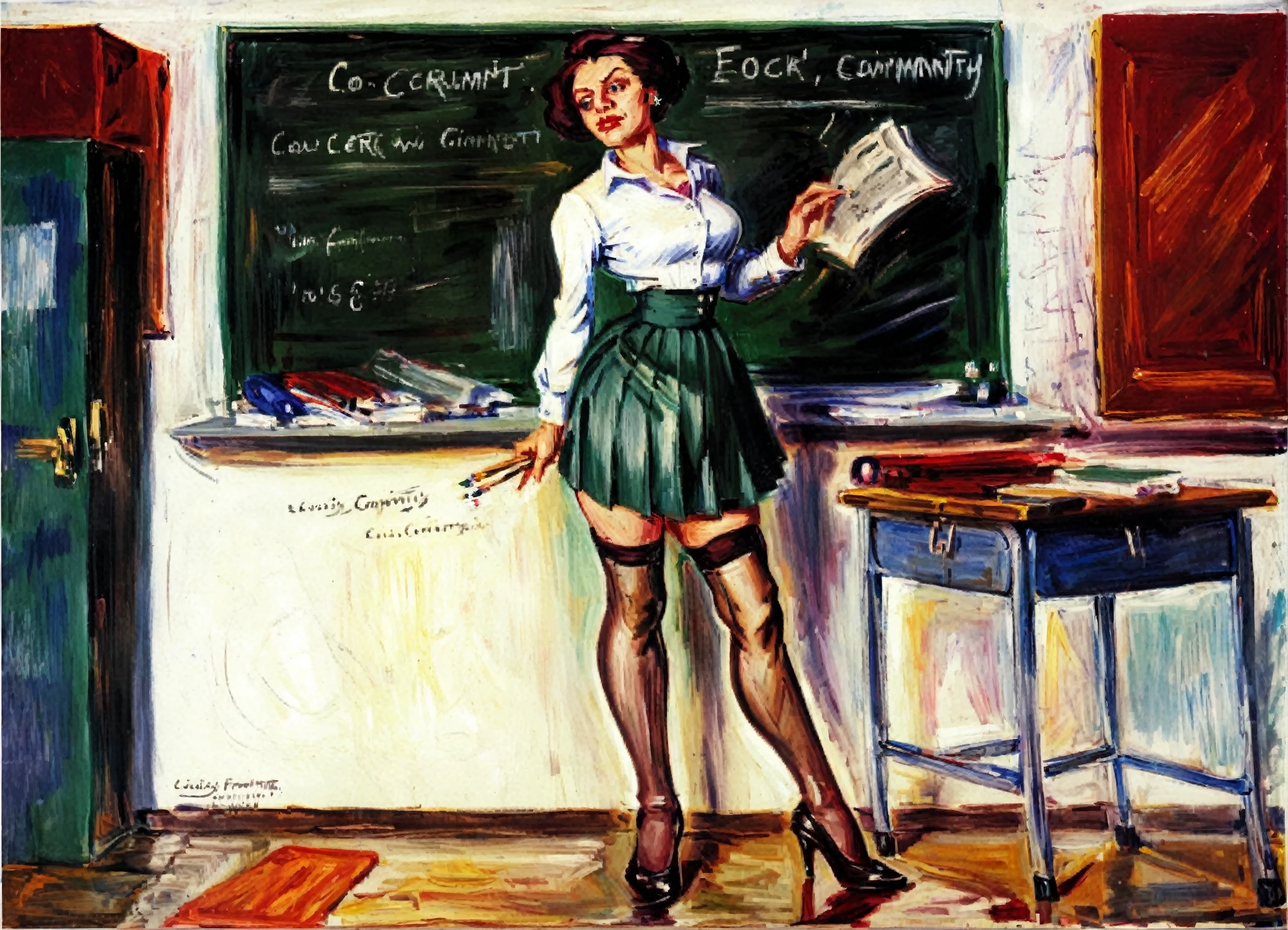 <lora:lovis-corinth_pony_v1:1> ' teacher ' by Corinth Lovis in 1910,  genre painting \(genre\), Expressionism \(style\), high heels,Standing before the blackboard, the new teacher at school commands attention. Her attire, a crisp unbottened satin blouse paired with a pleated skirt, is accented by the subtle allure of (laced stockings), adding a touch of fragile femininity to her slender authoritative presence in the classroom. She is revealing her perky protuberant feminity, exposing long narrow calves, (narrow waist), and her gently protuberant skinny curves with fragile, yet authoritative and distiguished feminity., score_9, score_6_up, score_7_up