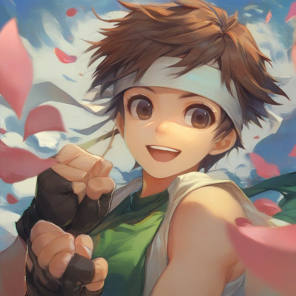 score_9, score_8_up, score_7_up, score_6_up, solo, brown hair, kasugano_sakura, 1girl, gloves, headband, brown eyes, fingerless gloves, short hair, smile, open mouth, petals, dougi, upper body, clenched hands, sleeveless, :d