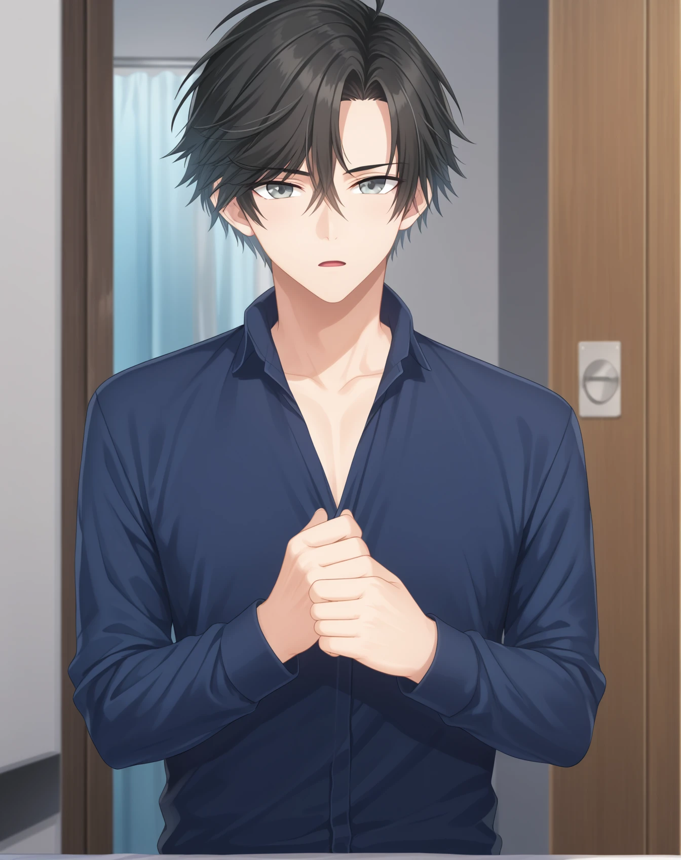 score_9, score_8_up, score_7_up, source_anime, anime screencap, depth of field, rating_safe, BREAK,
1boy, solo, yaoi, male focus,
looking at viewer, cowboy shot, facing viewer,
<lora:jumin_han_pony:1> jumin_han_pony, black hair, grey eyes, short hair,
indoors,