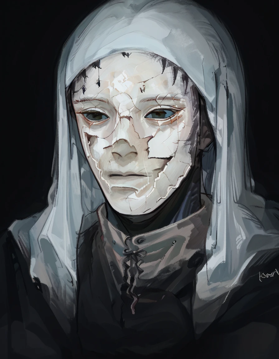 score_9, score_8_up, score_7_up, source_anime, upper body, solo, black background, 1boy, CoverMadrabyNewDad, eveyuno, <lora:CoverMadrabyNewDad:1>,  white-faced_varre, white hood, mask, <lora:white-faced_varre:1>