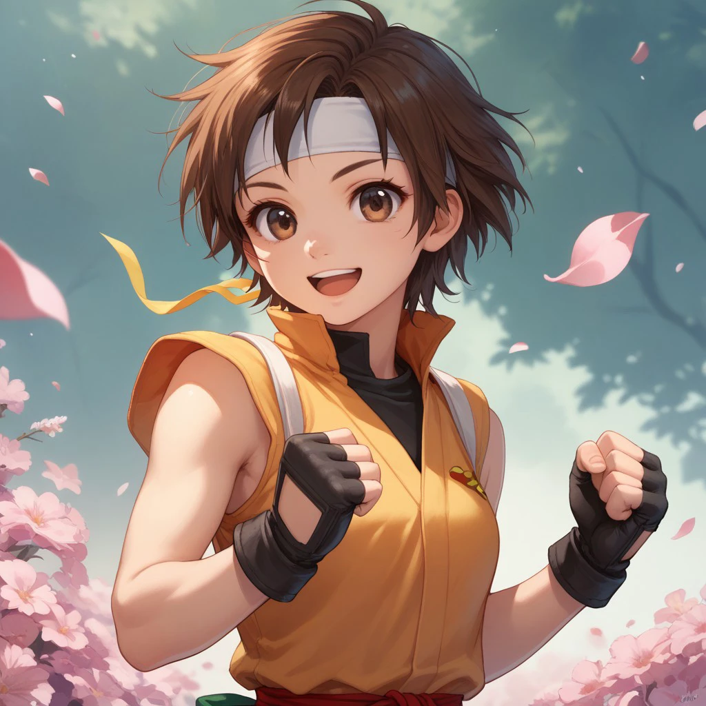 score_9, score_8_up, score_7_up, score_6_up, solo, brown hair, kasugano_sakura, 1girl, gloves, headband, brown eyes, fingerless gloves, short hair, smile, open mouth, petals, dougi, upper body, clenched hands, sleeveless, :d