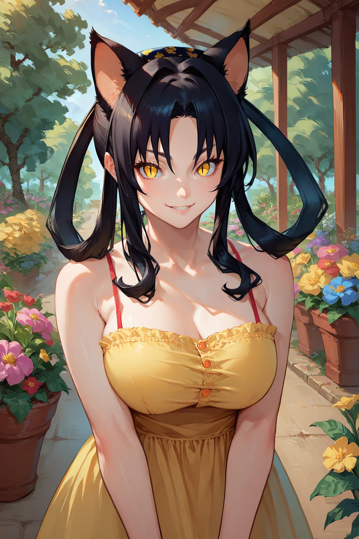 score_9, score_8_up, score_7_up, score_6_up, source_anime, 1girl, <lora:kuroka-pdxl-nvwls-v1-000005:1> dxdKu, cat ears, black hair, yellow eyes, slit pupils, hair rings, hairband, large breasts, yellow sundress, spaghetti straps, bare shoulders, looking at you, smile, garden, flowers, trees