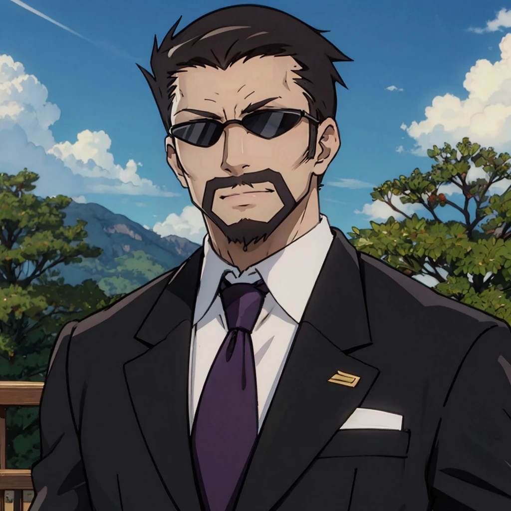 <lora:kasai_lora_dim32_anime:0.9> kasai tatsuyoshi, best quality, 1man, (blush:1.1), smile, standing, outdoors, BREAK mature male, suit, formal, purple necktie, beard, sunglasses, highly detailed, masterpiece