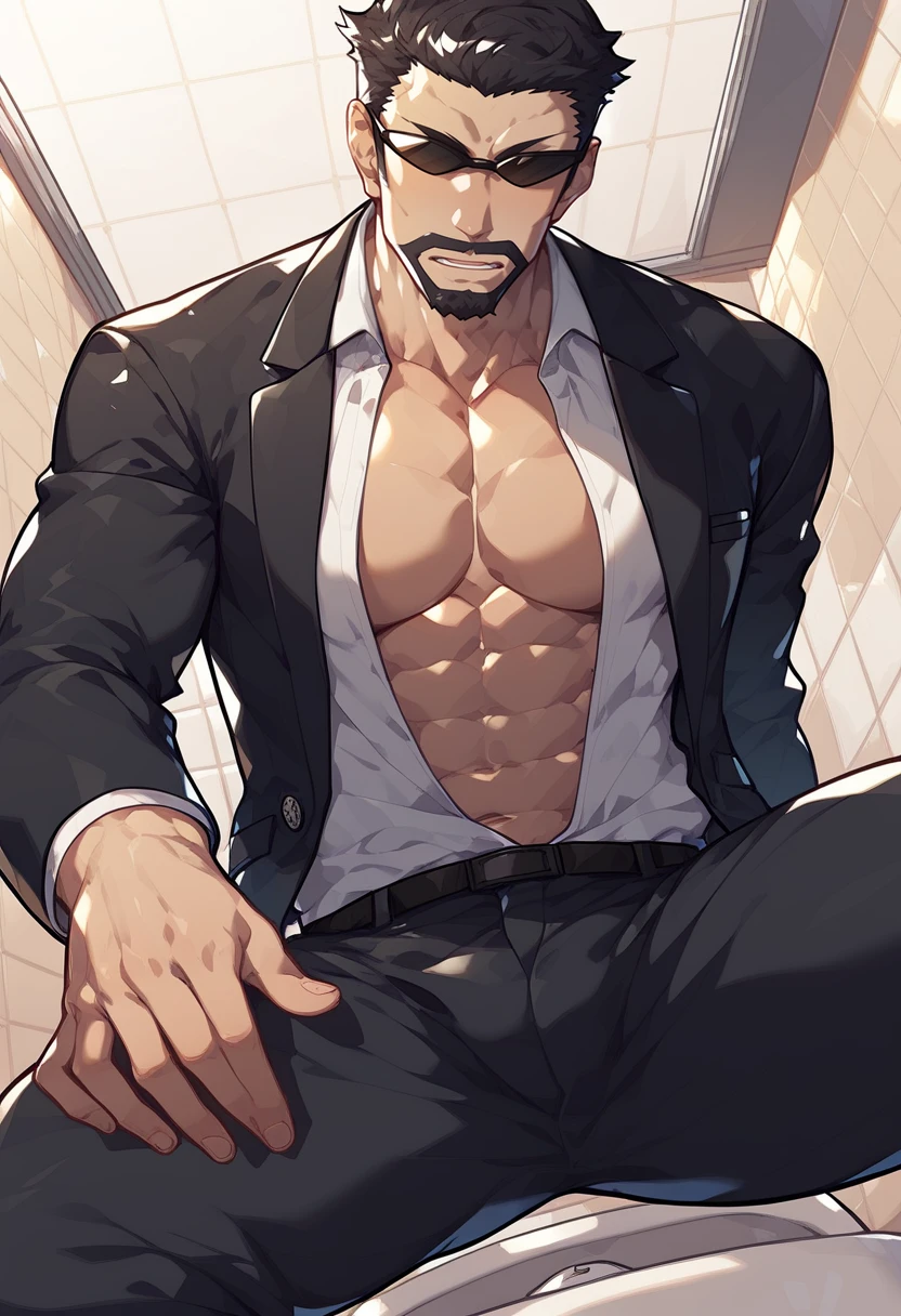 score_9, score_8_up, score_7_up, source_anime, kasai_tatsuyoshi, 1boy, solo, male focus, mature male, from below, kneeling, spread legs, open jacket, pectoral cleavage, open shirt, untied, black suit, lapel pin, black pants, sunglasses, short hair, black hair, beard, mustache, dappled sunlight, restroom, extremely detailed, 8k, best quality, amazing quality, best aesthetic, absurdres <lora:kasai_pony_6-000033:1>