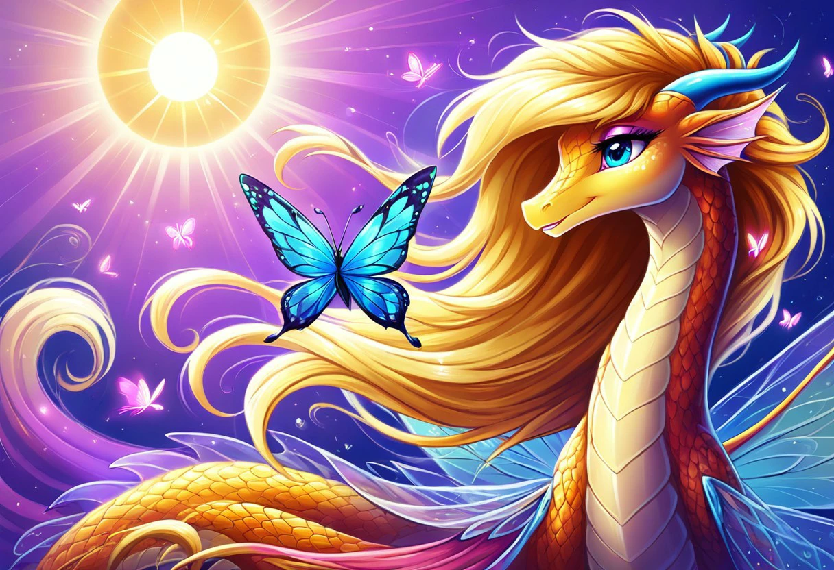 "An elegant dragon with butterfly-like wings flies over a flowery meadow. Its colorful scales glisten in the sun and its long hair blows in the wind. Its soft smile creates a magical atmosphere."