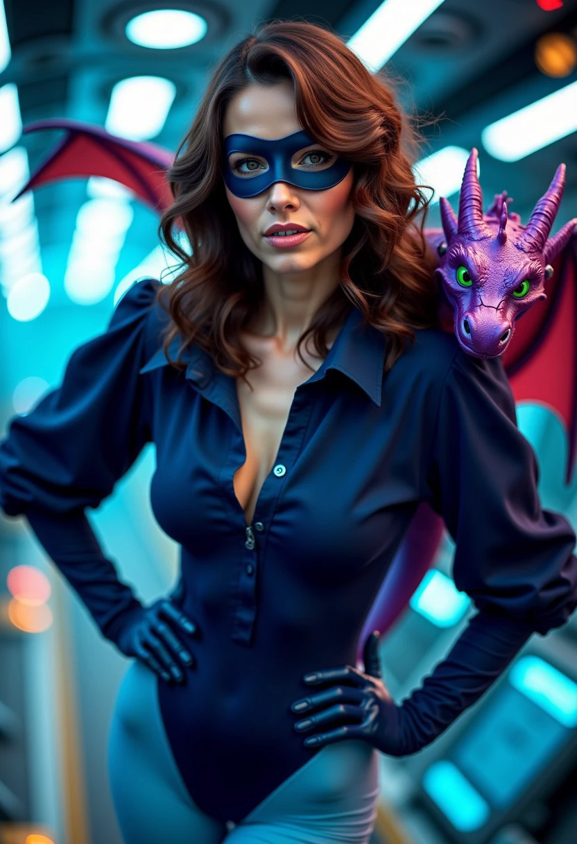 photograph of a beautiful brunette woman, a purple dragon on her shoulder, action pose, determined,
medium-length wavy hair, pale skin, brown eyes, dark blue long-sleeved puffy-sleeved shirt with wide collar, dark blue leotard, light blue pantyhose, high dark blue heeled boots, dark blue gloves, dark blue superhero eye mask, 
spaceship background, neon bokeh