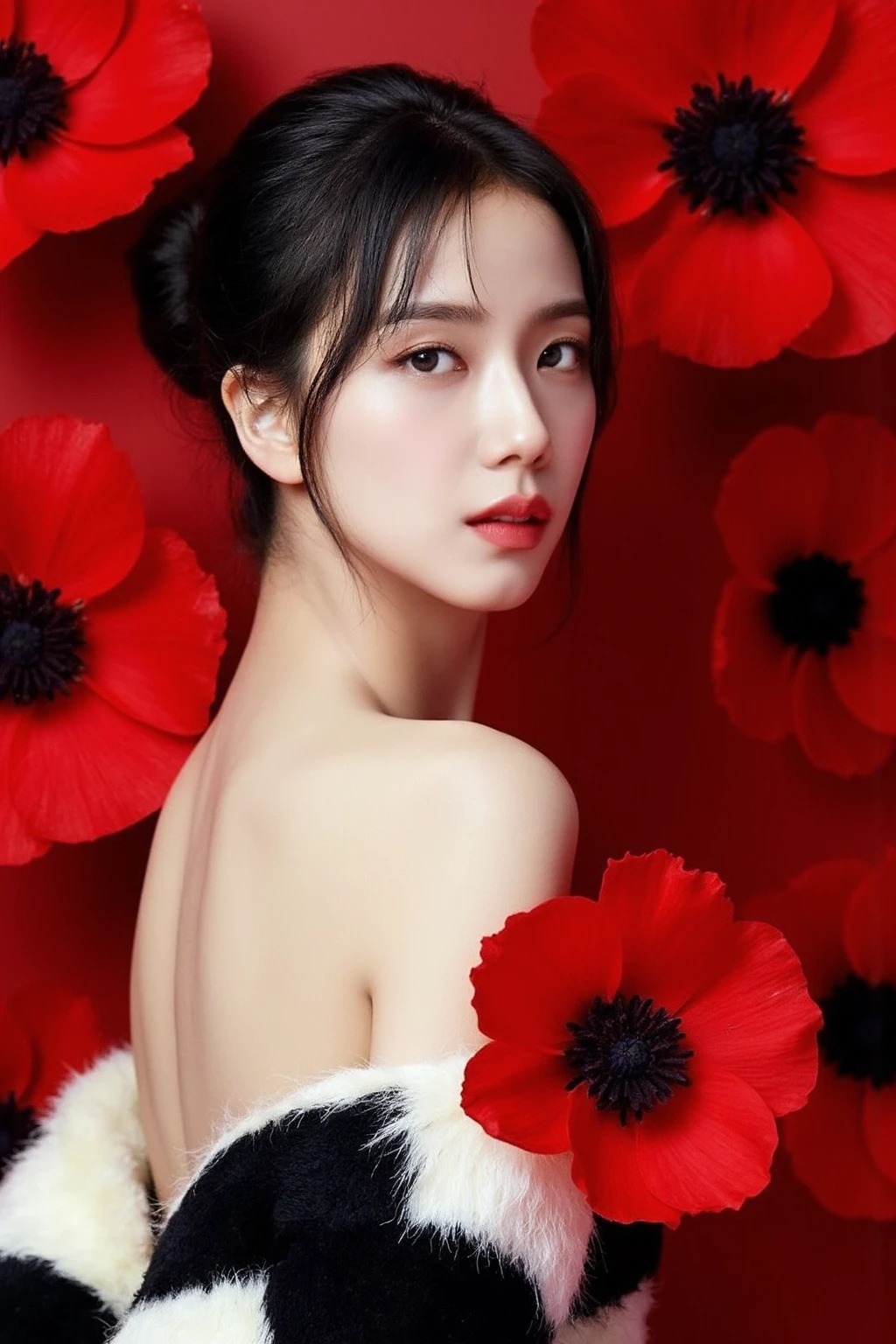 The image showcases a young korean woman with her hair elegantly styled in an updo, emphasizing her delicate and refined features. She is positioned against a strikingly vibrant red background, which is filled with large, bold poppies. The red poppies dominate the composition, adding a dramatic and intense contrast to her skin tone and overall appearance.
The woman is dressed in a black and white fur-like garment, which drapes softly over her shoulders, leaving her upper back and one shoulder exposed. Her expression is calm and slightly mysterious, with her gaze directed slightly to the side, away from the camera. The large poppies, some of which overlap with her figure, create a dreamy and surreal atmosphere, as if she is blending into or emerging from the floral background., <lora:flux_realism_lora:1>, <lora:makinaflux_jisoo_v1.0:1>