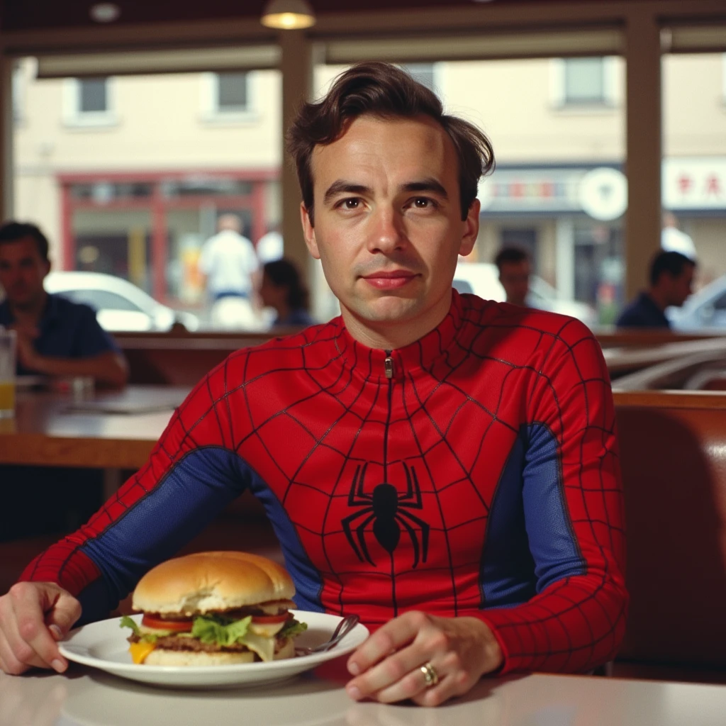 RupertMurdoch, a young man in his early 20s wearing a spiderman outfit sitting at a cheap restaurant. There is a Sandwich on a plate on his table. younger RupertMurdoch