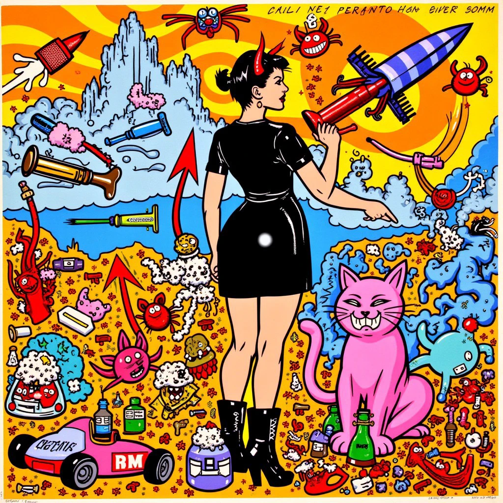 Frank Kozik style art collage, devil woman, devil horns, demon horns, wing, tail, black velvet dress, high boots, smiling cats with long tails, spiders, whirlybird, tentacles, rocket ships, guns, syringes, bottles of beer, formula one race car, dropping bombs, surreal, cartoon, comic, swirl, spiral