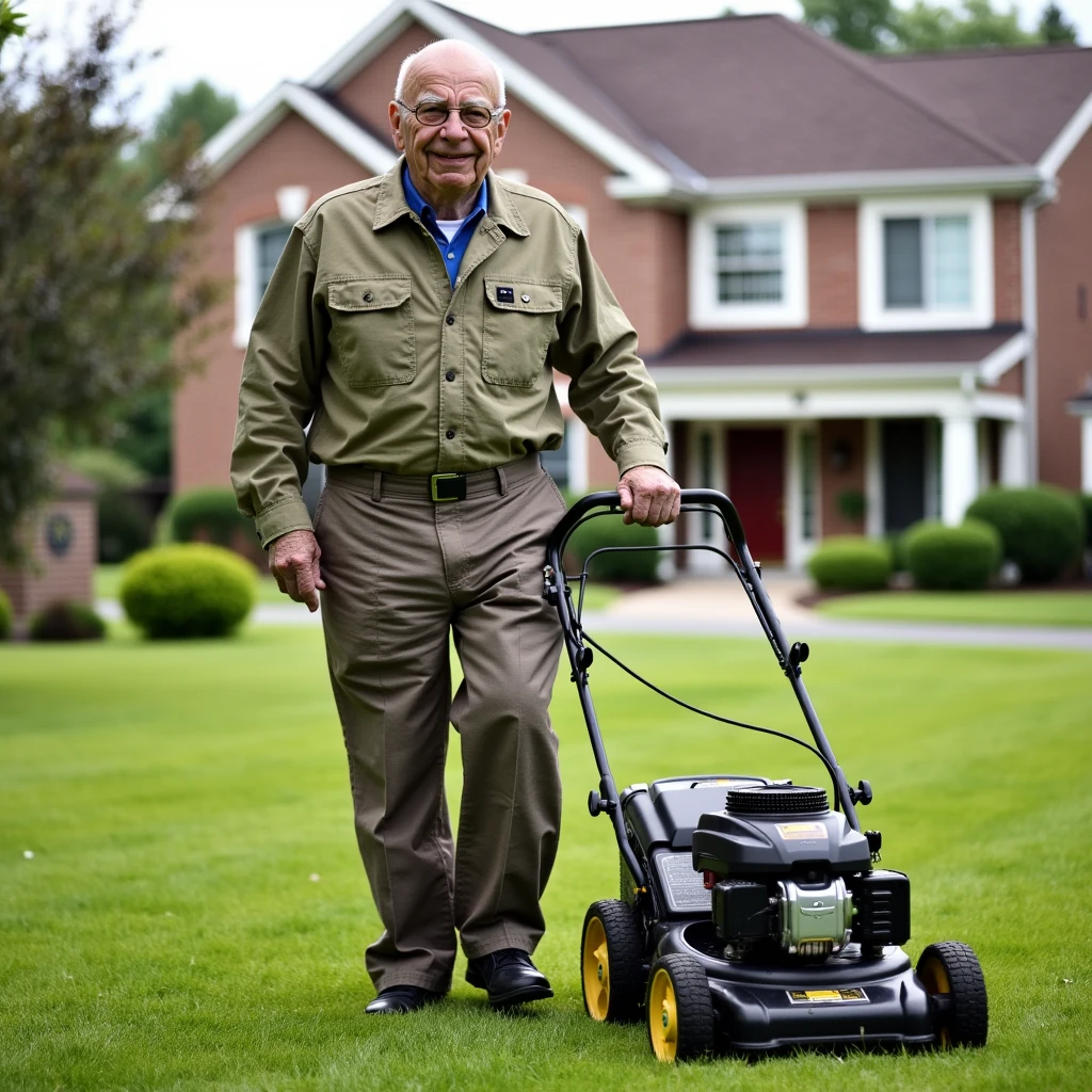 RupertMurdoch, a an old man working at a landscaper. He is wearing a landscaping outfit. He is standing next to a lawn mowever in front of a middle class home. 