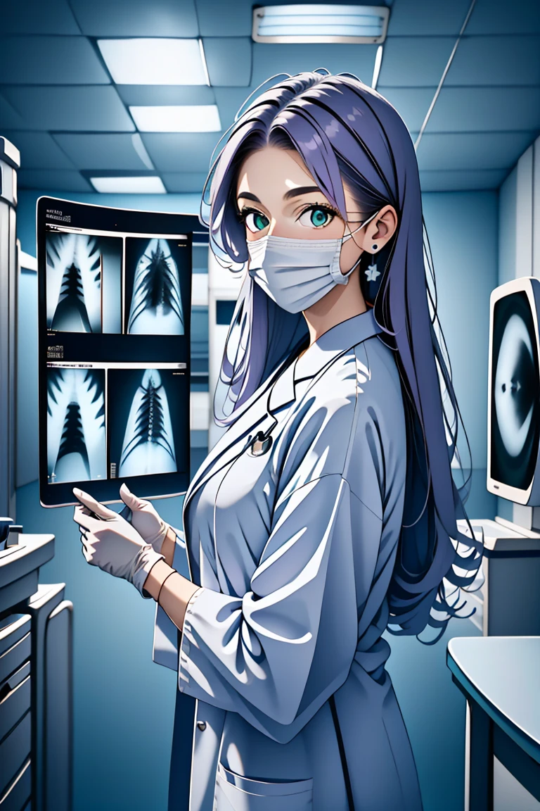 (RAW photo, best quality,facing the viewer,from front), operating room, overhead surgical light,blurred background, focused, dithering,backlighting,
 <lora:CMC924_Isabella_Moretti_V1.0:0.9> cmc924, isabella moretti, 1girl, solo,purple hair, green eyes,long hair, <lora:CM_Doctor_Checking_Xray_V2.0:0.9> doctor xray, 1girl, solo, surgical mask, doctor, looking at viewer, labcoat,xray,