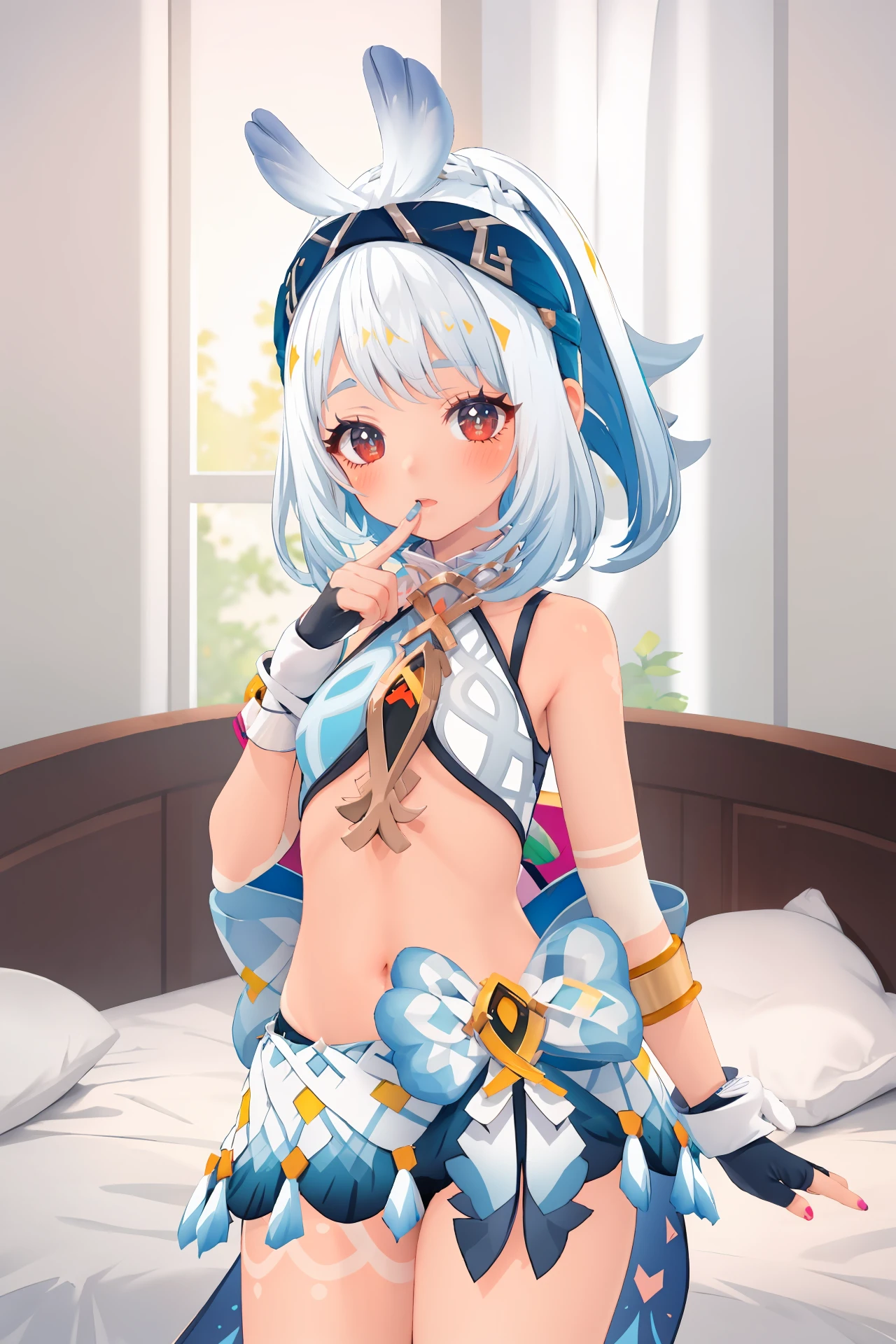 1girl, mualani \(genshin impact\), fingerless gloves, nail polish, crop top, bow hairband, sarong, waist bow, bodypaint, looking at viewer, shy, blush, finger to mouth, cowboy shot, bedroom, depth of field