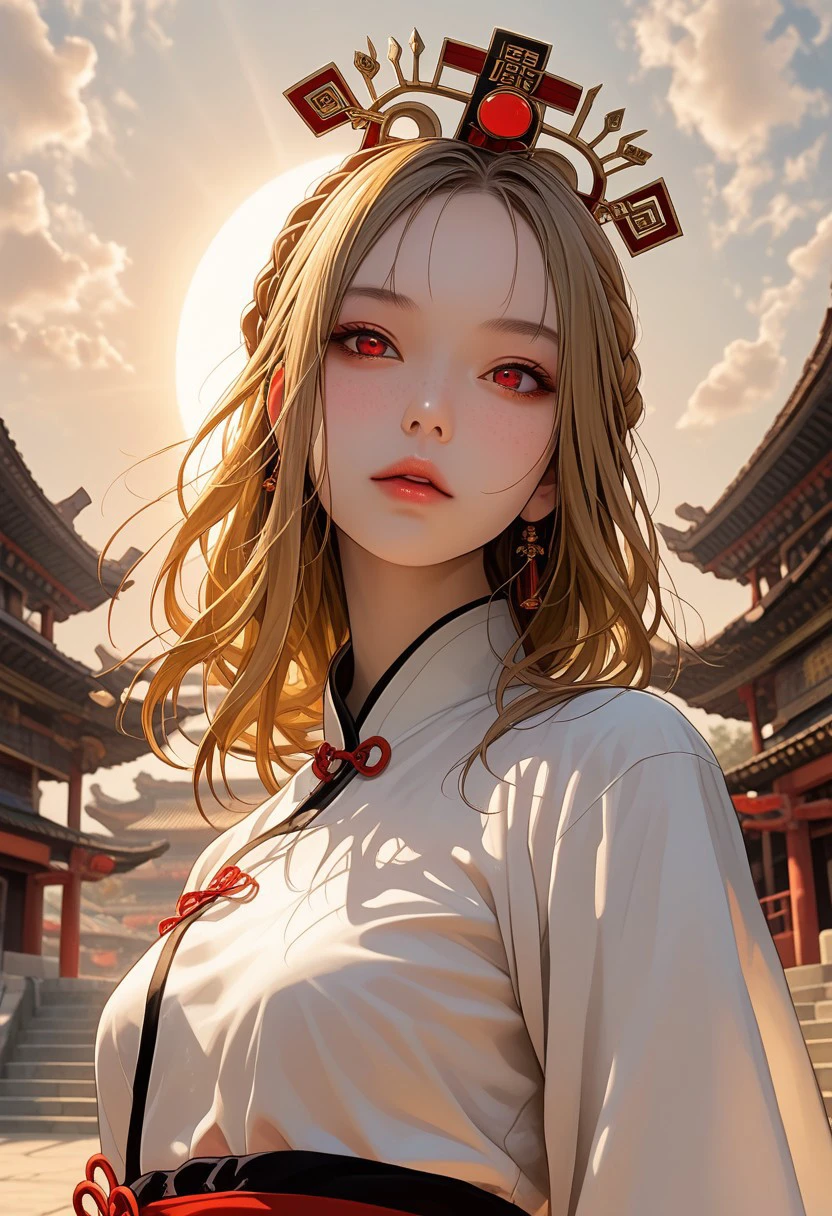 long length hair, golden hair, crown braid, half up and down hairstyle, bright red eyes, oval face, sun-kissed skin with a sprinkling of freckles, slim body, medium high, expressive eyebrows, full lips,  small breast, detailed background, chinese temple, blond pubic hair,
hanfu, outdoors, ancient chinese city, sky, sun, clouds, looking at viewer, cowboy shot