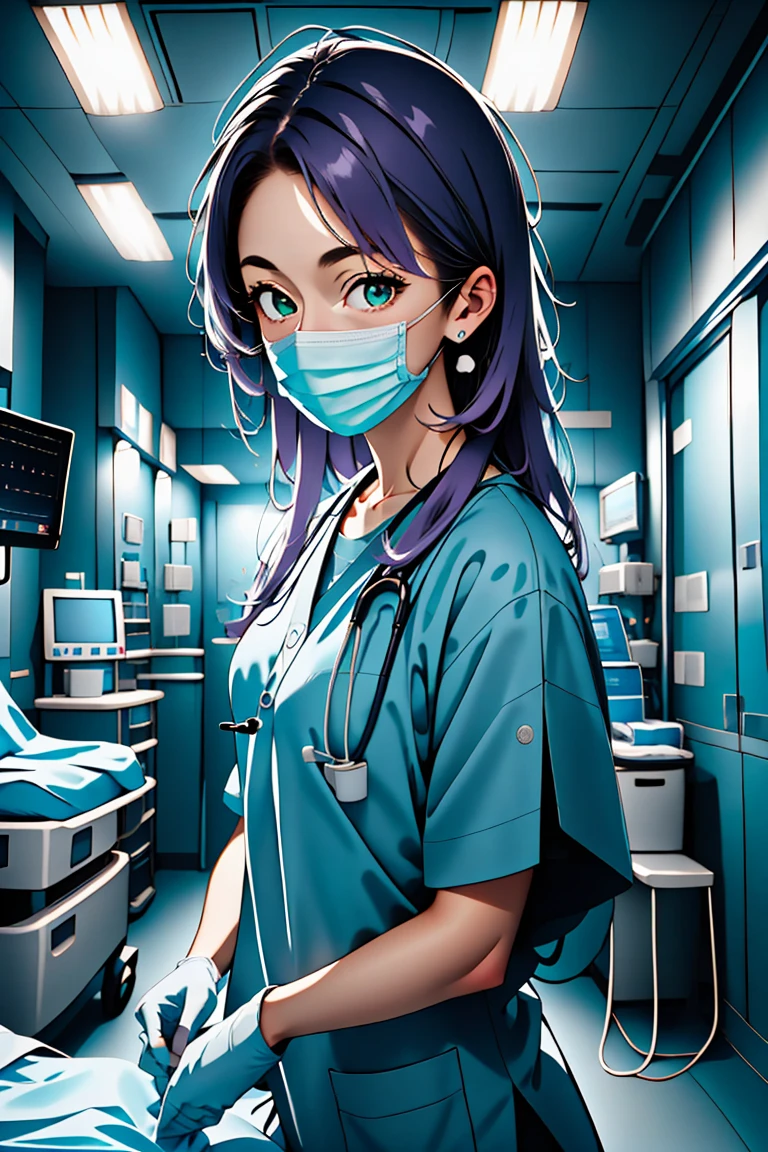 (RAW photo, best quality,facing the viewer,from front), operating room, overhead surgical light,blurred background, focused, dithering,backlighting,
 <lora:CMC924_Isabella_Moretti_V1.0:0.9> cmc924, isabella moretti, 1girl, solo,purple hair, green eyes,long hair, <lora:CM_Doctor_Emergency_Surgery_V2.0:0.9> doctor emergency exam, 1girl, solo, surgical mask, intravenous drip, hospital bed, stethoscope, ceiling light,