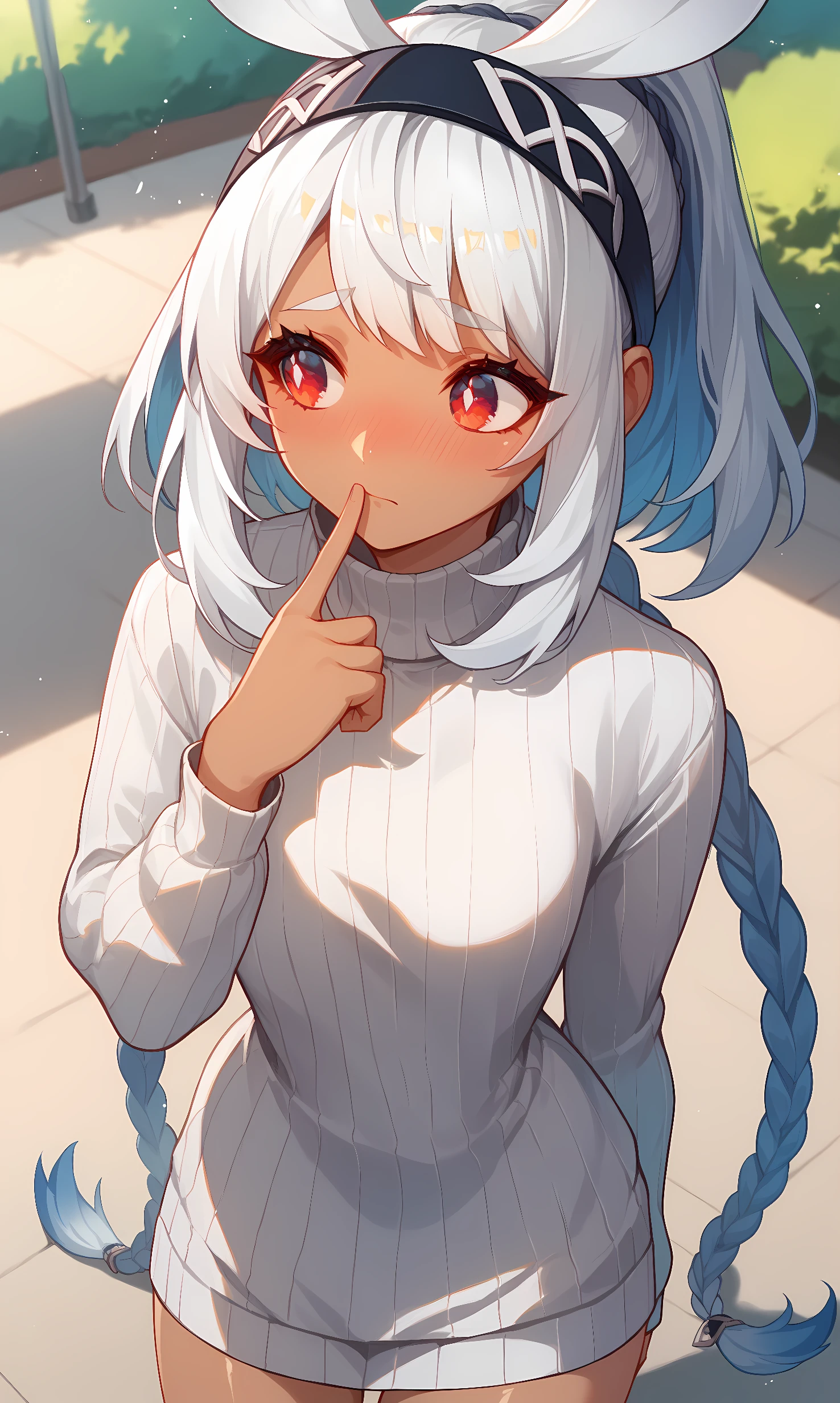  score_9, score_8_up, score_7_up, BREAK source_anime, 1girl, solo, outdoors, park, cowboy shot, looking away, closed mouth, nose blush, shiny skin, mualani, red eyes, white hair, long hair, ponytail, twin braids, dark skin, multicolored, sidelocks, blue hairband, finger to mouth, ribbed sweater, sweater dress, turtleneck, long sleeves