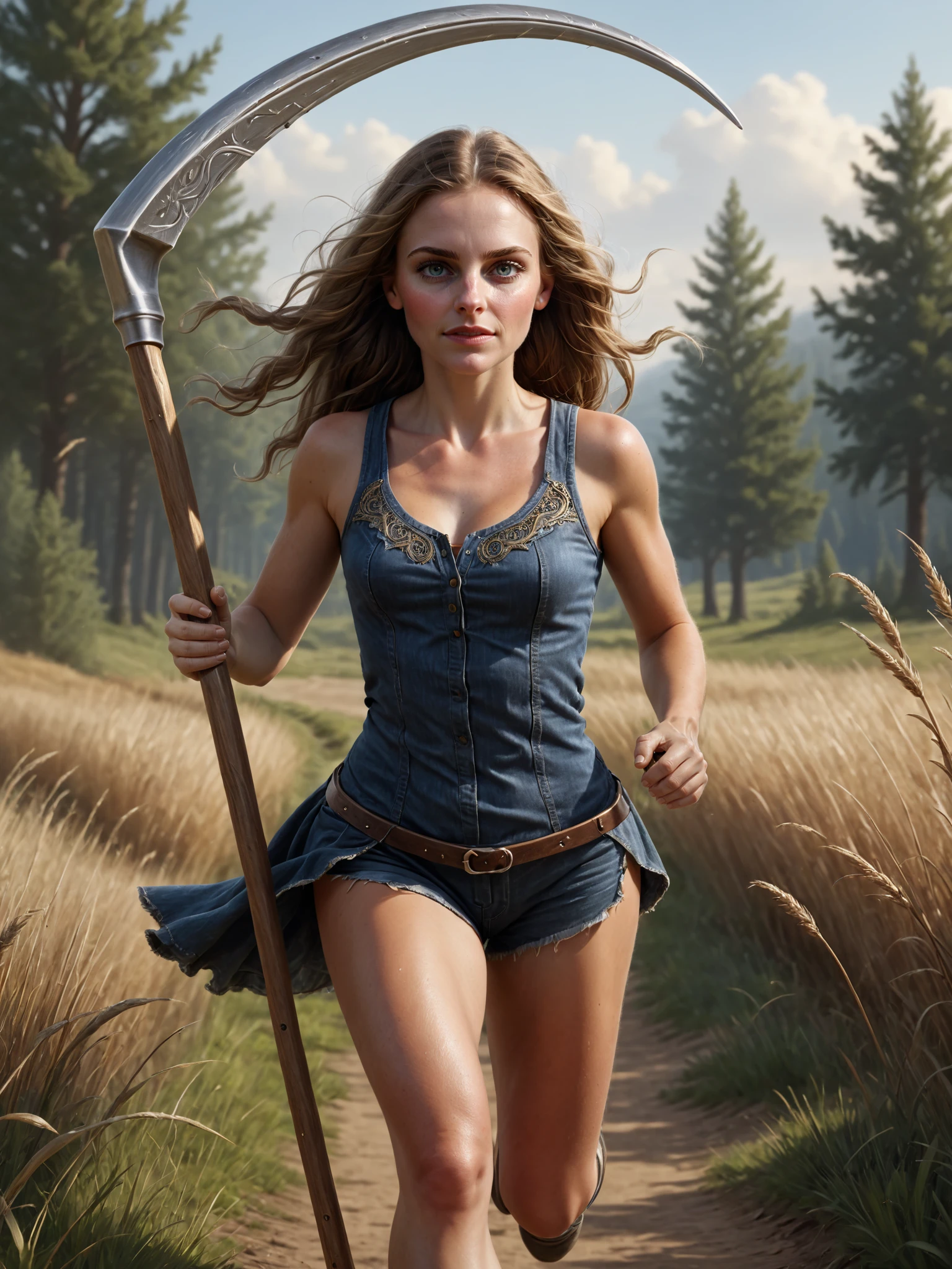 RAW, 8k, high resolution, masterpiece, best quality, painting of a woman holding a scyth3, scyth3, running, outdoors, intricate details, fine texture, (sfw), <lora:SDXL1-ScytheXL_v0.24.224.05:0.75>,