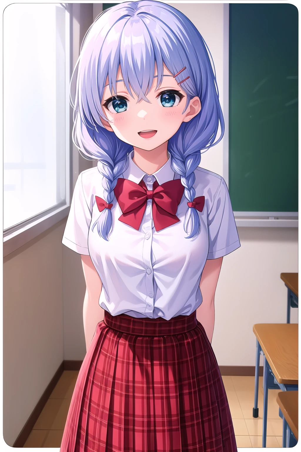 (masterpiece, best quality), highly detailed background, perfect lightingbest quality, murakamifumio, solo, indoors, classroom, light blue hair, hairclip, hair between eyes, twin braids, hair over shoulder, long hair, blue eyes, medium breasts, red bowtie, collared shirt, white shirt, short sleeves, arms behind back, red skirt, plaid skirt, school uniform, smile, open mouth, :d, pink lips, <lora:Murakami-Fumio:0.7>