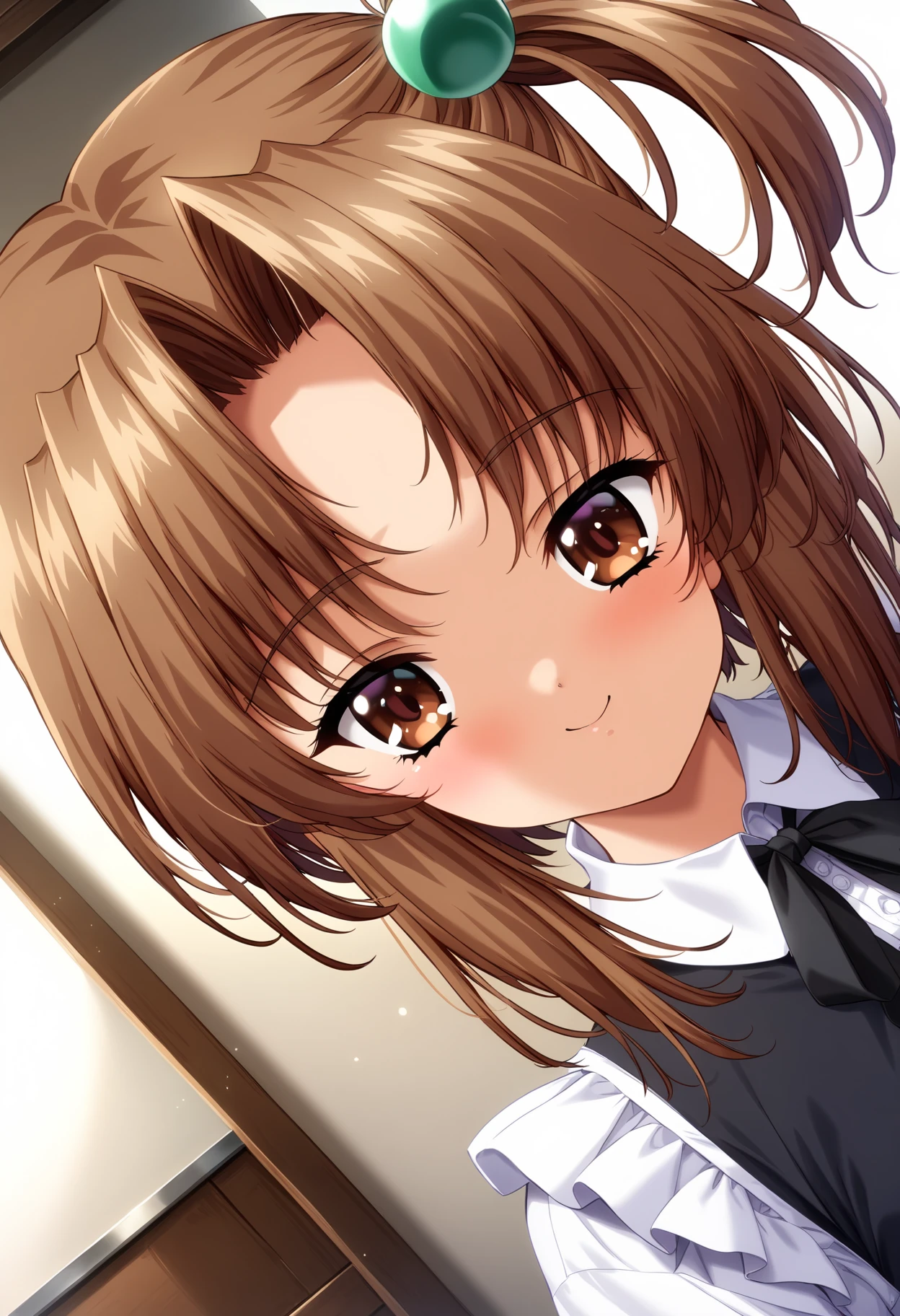 masterpiece,best quality,very aesthetic,absurdres,rim light,intricate details,1girl,solo,<lora:SHINBASHI_RINA_V1:1>,rina_shinbashi,brown eyes,brown hair,short hair,hair ornament,Side ponytail,small_breasts,<lora:Fixhands_anime_bdsqlsz_V1:1>,standing,light_blush,looking_at_viewer,dutch angle,cinematic_angle,dynamic_angle,full_shot,blush,maid,cafe,curtsy,smile,, masterpiece,best quality, very aesthetic, absurdres, ultra detailed, high resolution, 4k, extremely detailed CG,