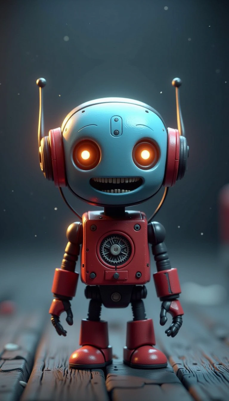 <lora:CozySpookyStyleFlux:1>CozySpookyStyle atmospheric dark and charming. (orange color themed:0.5). Realistic 3D rendering of a small, red, and blue toy robot with visible gears and wires, expressing human-like emotions, such as happiness or sadness, on a simple gray background, using soft, warm lighting to emphasize the robot's emotional state, close-up shot, high-resolution, detailed, sharp focus, photorealistic, clean, uncluttered, dramatic contrast, isolated subject. Digital illustration.