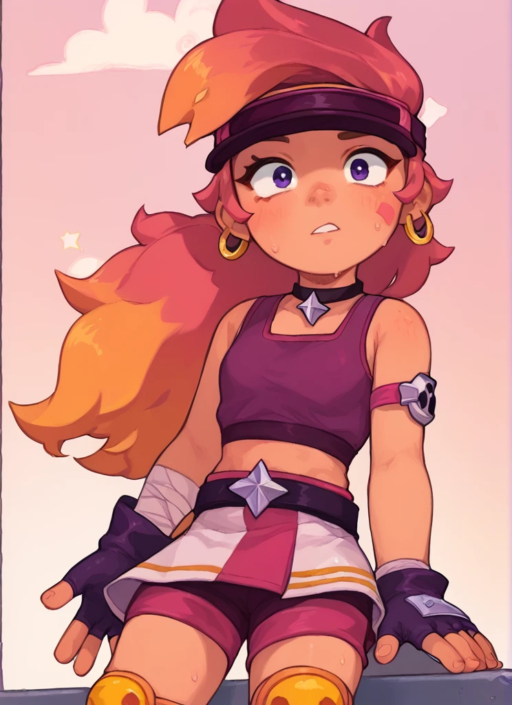 score_9, score_8_up, score_7_up,   <lora:boamber:1>boamber   ,1 girl  , multicolored hair, long hair  ,purple tank top,  belt, yellow knee pads, shorts ,  skirt, shorts under skirt, visor cap,   pink headwear, fingerless gloves,  <lora:PossumMachine:1>posmach