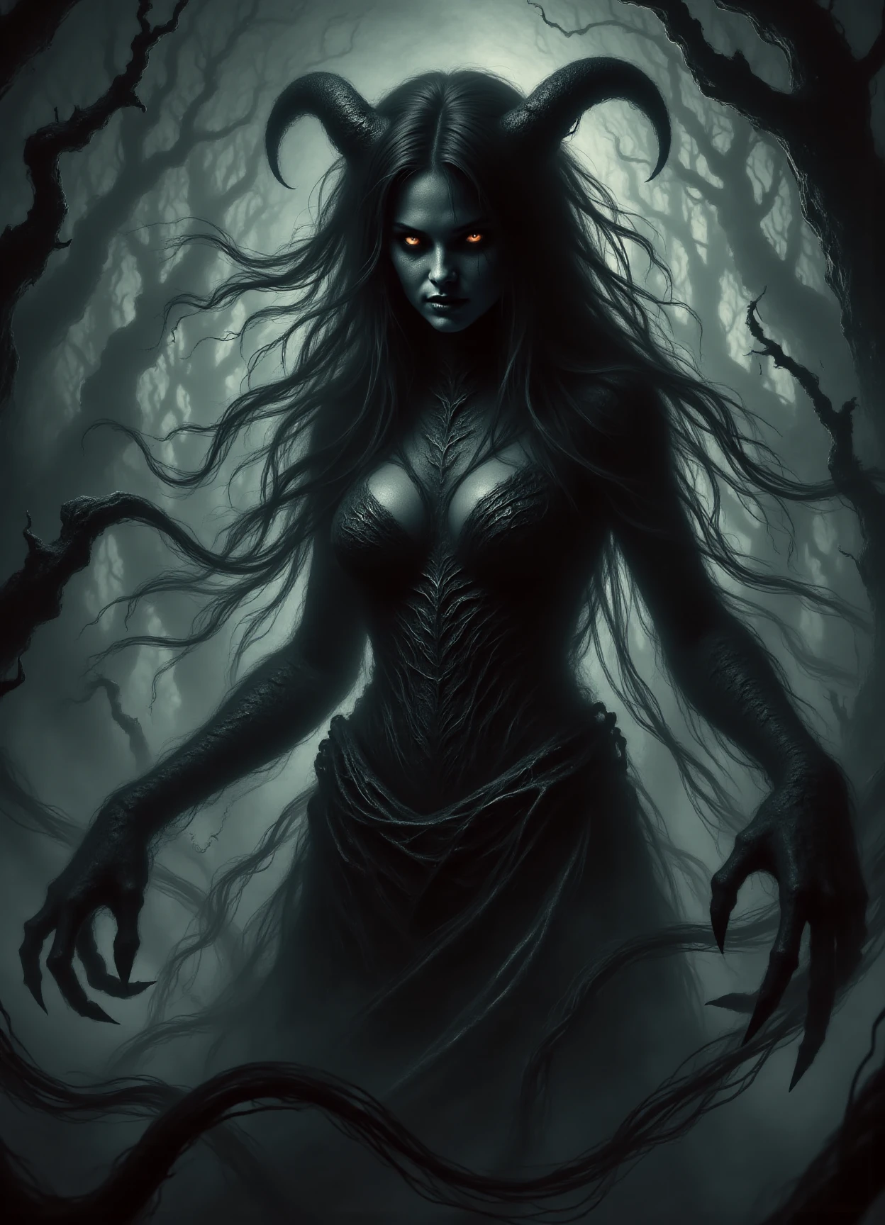 female   aswang, medium-sized humanoid, predatory appearance, shapeshifter, sharp, feral features, claws and fangs, glowing eyes, keen sense of smell, heightened senses, dark ominous presence, sinister malevolent expression