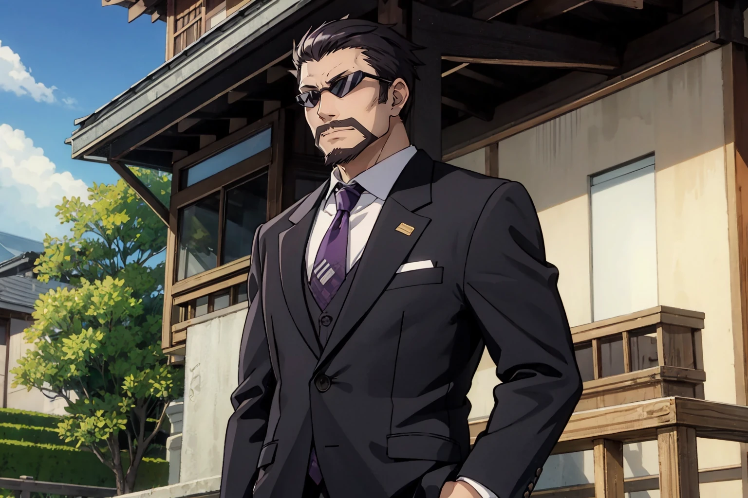 <lora:kasai_lora_dim32_anime:0.8> kasai tatsuyoshi, best quality, 1man, blush, standing, outdoors, BREAK mature male, suit, formal, purple necktie, beard, sunglasses, highly detailed, masterpiece