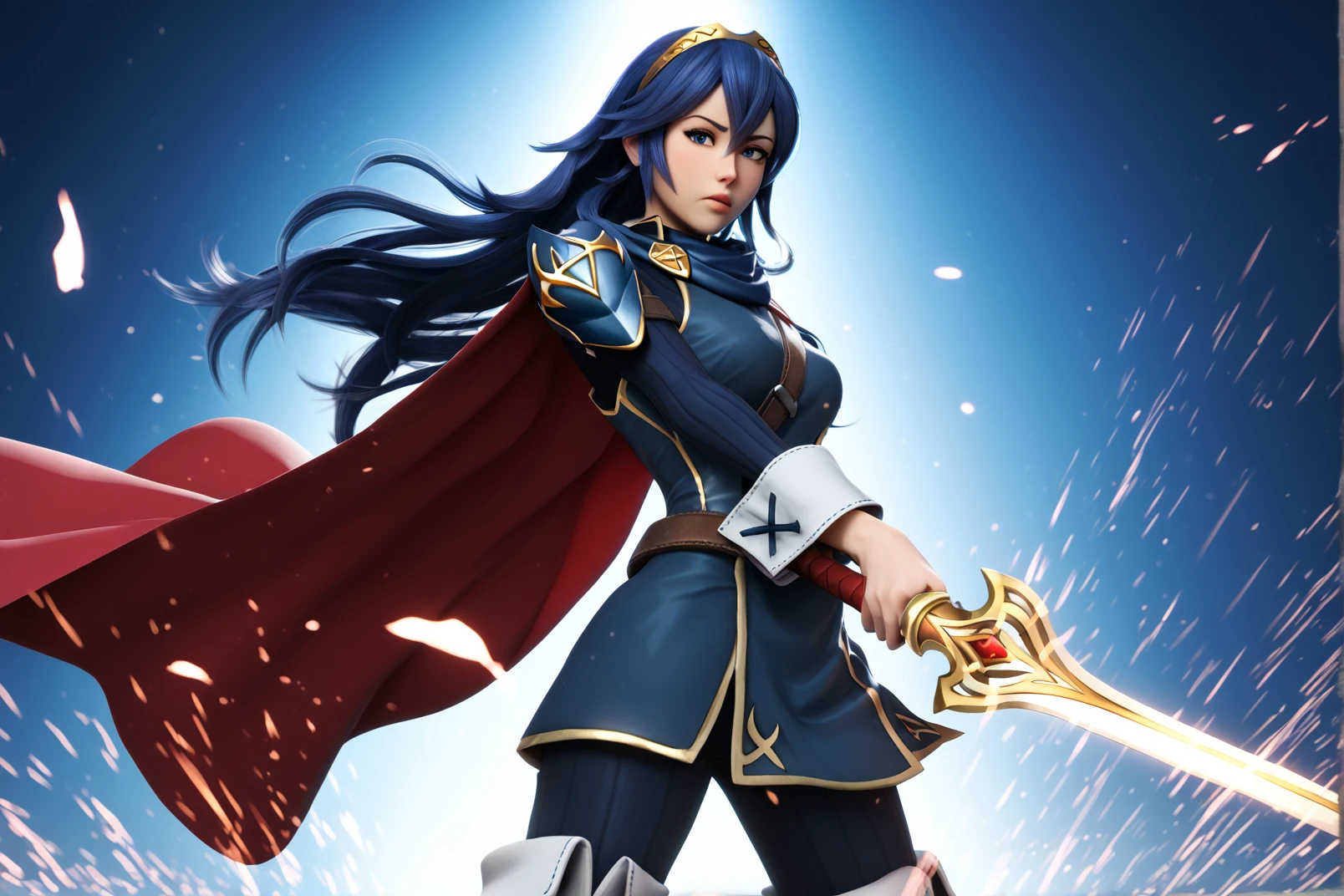 (score_9, score_8_up:1.1), score_7_up, score_X, score_Y_up, BREAK,  1girl, 
 <lora:LUCINA:1>lucina_(fire_emblem), Super Smash Bros Ultimate style, Final Smash pose, critical hit stance, Falchion sword glowing blue, intense blue energy aura, dramatic smash stage background, dynamic stage lighting, action lines, motion blur, determined expression, power stance, unleashing ultimate attack, dramatic low angle shot, Smash Ball fragments floating, opponent silhouette flying backwards, 3/4 view, long blue hair flowing dramatically, red cape billowing, golden tiara glinting, armor with intricate details, slim athletic build, fair skin.
high detail render, 4K resolution, cinematic composition, depth of field, ray tracing, volumetric lighting, particle effects, lens flare, motion lines, impact frames, high contrast, vibrant colors, metallic sheen on armor, fabric physics simulation on cape, hyper realistic textures, sharp focus on face and sword.
epic battle cry, sword trail effect, electric sparks, shockwave ripples in air, time slowing down effect, camera zoom effect, impact tremor, dramatic shadows, lens flare from sword glow, swirling energy vortex, floating debris, speed lines, anime impact frames, hit effect bursts., Glamour portrait, beautiful woman, elegant pose, flawless skin, vibrant makeup, styled hair, soft lighting, bokeh background, high fashion, studio quality, professional photography, magazine cover style.