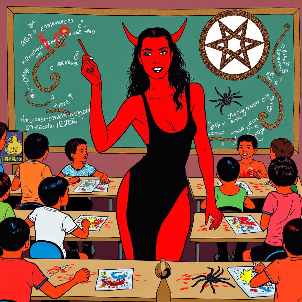 A beautiful demon woman with devil horns and red skin and a sexy black dress is teaching a classroom full of students. There is a chalkboard, desks and art projects. Pentagram. Satanic iconography. Spiders. Centipedes. Blood splatter.