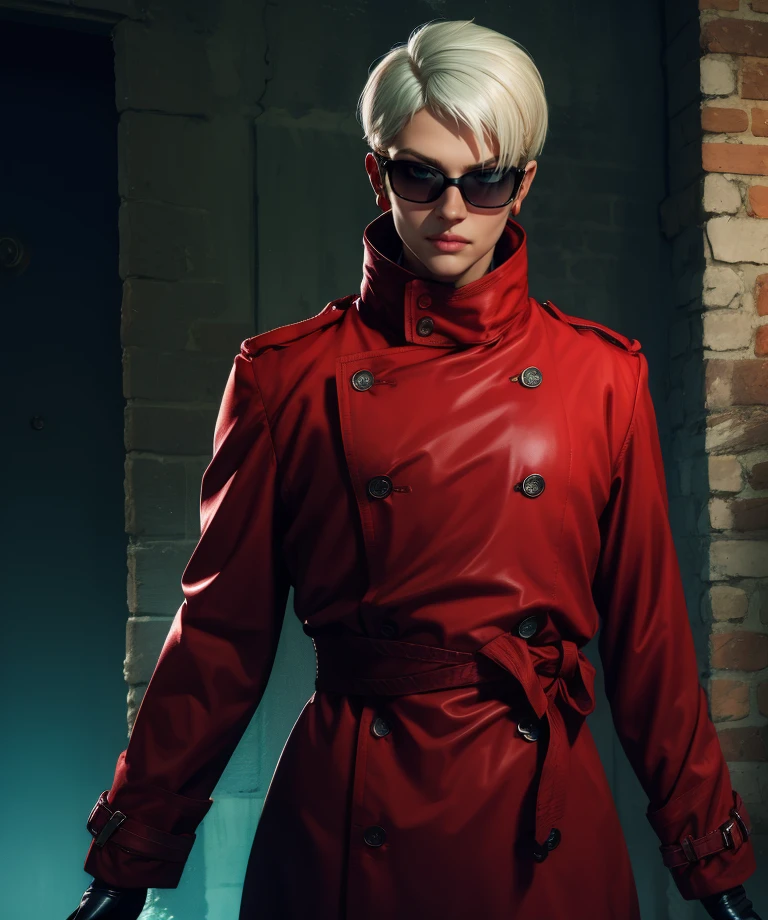 strngelve,sunglasses,short hair,white hair,
single earring,looking at viewer, red trench coat,  long sleeves,  gloves, 
(insanely detailed, masterpiece, best quality) solo,<lora:StrangeloveMG:0.9>,