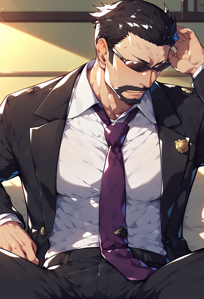 score_9, score_8_up, score_7_up, kasai_tatsuyoshi, 1boy, solo, male focus, mature male, on back, lying, open jacket, open shirt, undone necktie, black suit, double-breasted, lapel pin, purple necktie, collared shirt, black pants, sunglasses, short hair, black hair, beard, mustache, dappled sunlight, indoors, extremely detailed, 8k, best quality, amazing quality, best aesthetic, absurdres <lora:kasai_pony_6-000033:1>