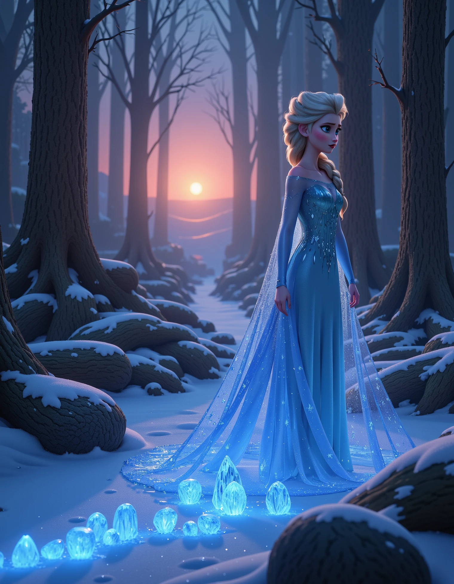 elsa, queen elsa, snow queen, Elsa is standing at the edge of a dark, mysterious forest, her dress blending into the shadows while the crystals catch the light of a distant, setting sun. Her hair is in a regal updo, and she’s using her powers to freeze the ground beneath her, creating a path of ice leading into the depths of the forest, disney style