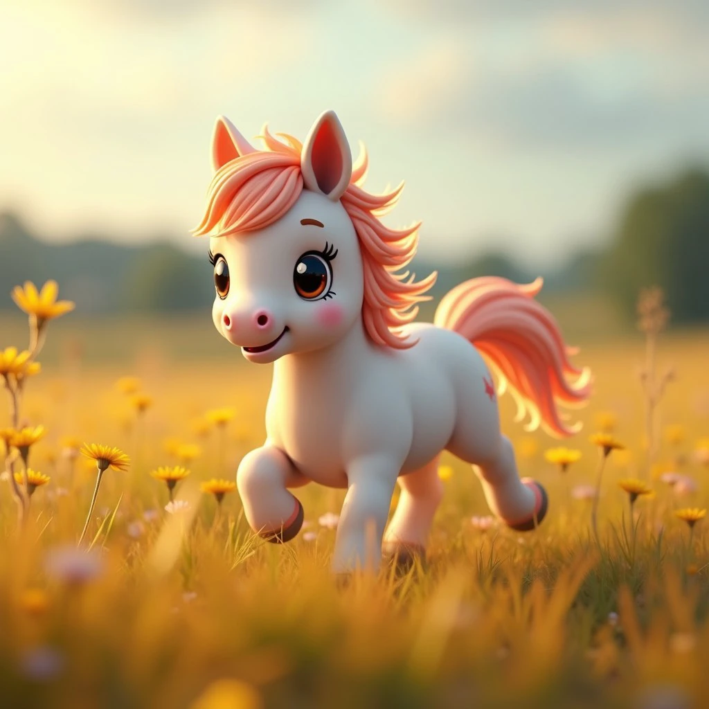 a chibi pony running in the field, super hyper realistic, cinematic volumetric lighting, shot with Sony Fx6