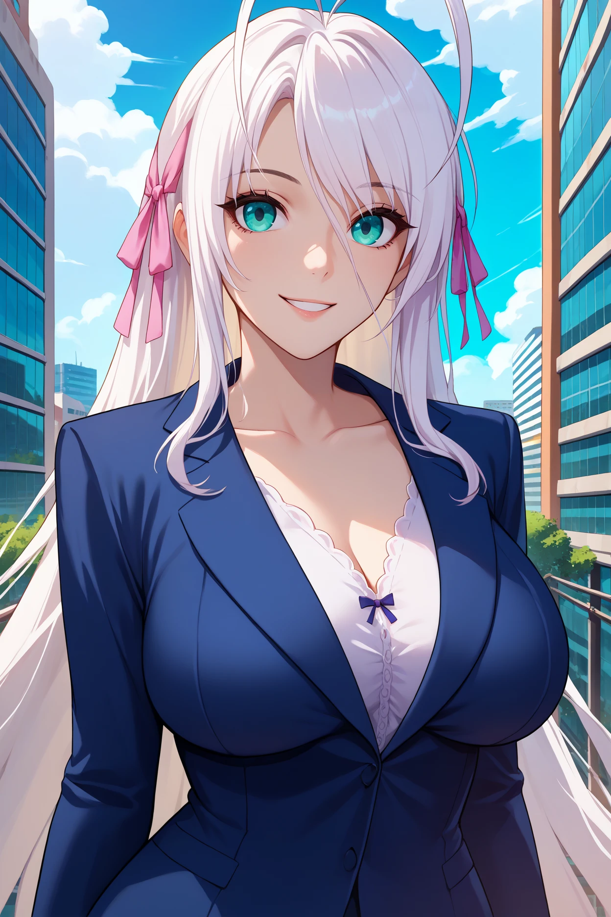 score_9, score_8_up, score_7_up, score_6_up, source_anime, 1girl, solo <lora:rossweisse-pdxl-nvwls-v1-000005:1> dxdRos, white hair, antenna hair, very long hair, cyan eyes, hair ribbon, black suit, formal, collarbone, (huge breasts:0.8), looking at you, smile, city, blue sky, building, clouds, upper body