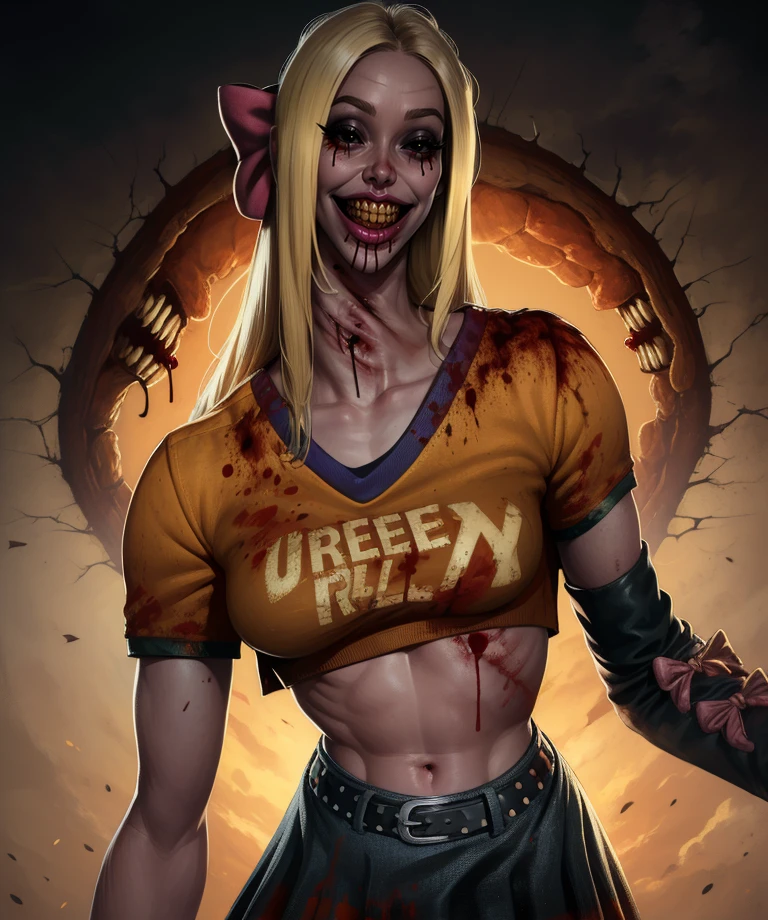 unknownpep,blonde hair,black eyes,black sclera,long hair,lipstick,
hair bow,orange shirt,midriff,navel,smile,single elbow glove,skirt,teeth,
looking at viewer,blood, 
night,standing,
(insanely detailed, masterpiece, best quality) solo,<lora:unknownPepSD-12:0.9>,