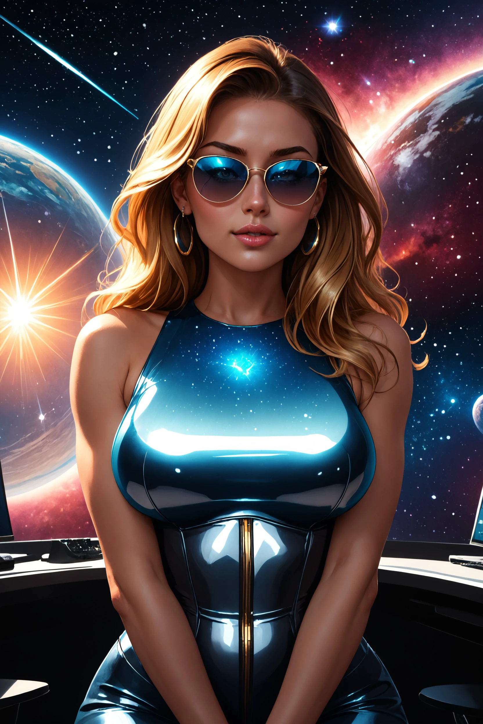 AtomicHeartTwinsCosplay, super closeup portrait, Capturing the essence of cosmic serenity and earthly vigor, depict a woman suspended in her office chair amidst the vast expanse of space. Curved Sword Slash, Her surroundings are a vibrant mix of colors, with deep blacks contrasting against vivid hues. In the distance, translucent planets in shades of dark sss translucent luminous blue and dark yellow add to the surreal atmosphere. Her long hair billows freely in the weightlessness of space, embodying a sense of boundless freedom and graceful motion. deep Blacks, very detailed, atmospheric haze, Film grain, cinematic film still, shallow depth of field, highly detailed, high budget, cinemascope, moody, epic, OverallDetail, 2000s vintage RAW photo, photorealistic, candid camera, color graded cinematic, eye catchlights, atmospheric lighting, imperfections, natural, shallow dof