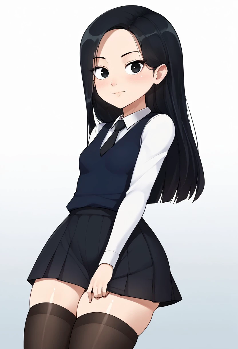 score_9, score_8_up, score_7_up, , shiny skin:0.1, source_anime , deep skin,, high quality, highres, , 1girl, petite, small breasts,  cute, sexy, SeraKiaeker, black hair, solo, black eyes, white shirt, long sleeves, dark blue vest, black skirt, school uniform, collared shirt, dark brown stockings, black necktie,