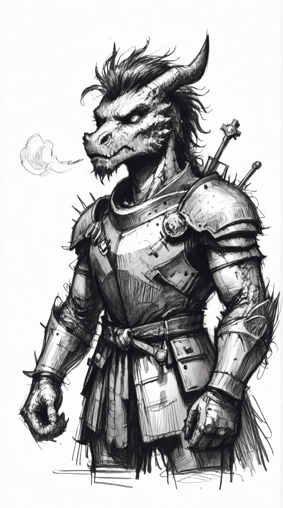 monochrome, charcoal sketch, cross-hatching rough sketch (messy lines:0.6) a knight standing before a colossal, slumbering dragon, dimly lit, rich in reds and golds