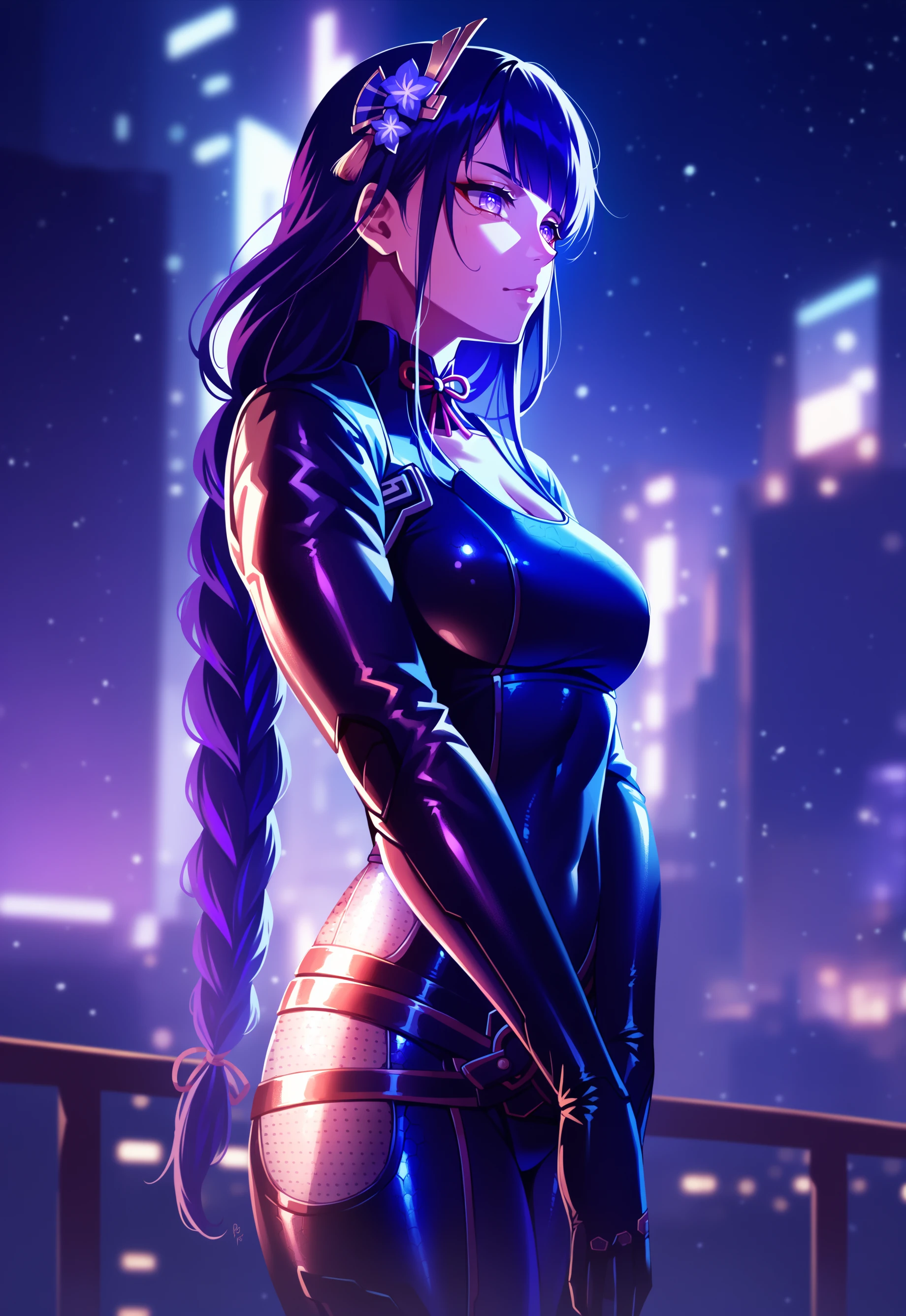 score_9, score_8_up, score_7_up, score_6_up, 1girl, cowboy shot, ((raiden shogun)), raiden (genshin), blackm1s, bodysuit,solo,tight, cleavage , detailed face and eyes, night city,sakura, cyberpunk, close shot, soft lighting,COOL,, futuristic technology , <lora:Miranda_Lawson_Bodysuit:1.0>