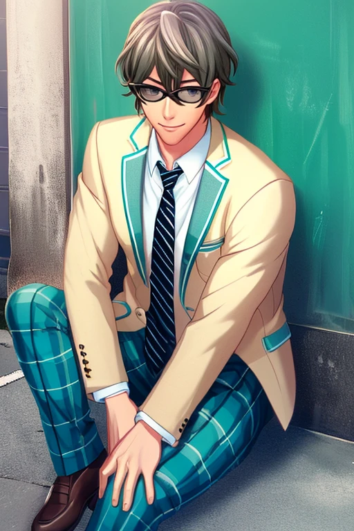 (masterpiece),(best_quality),1boy,Koumokuten,sunglasses,school uniform,beige jacket,white shirt,diagonal-striped necktie,plaid pants,black footwear,smile,sitting,<lora:Koumokuten:1>,