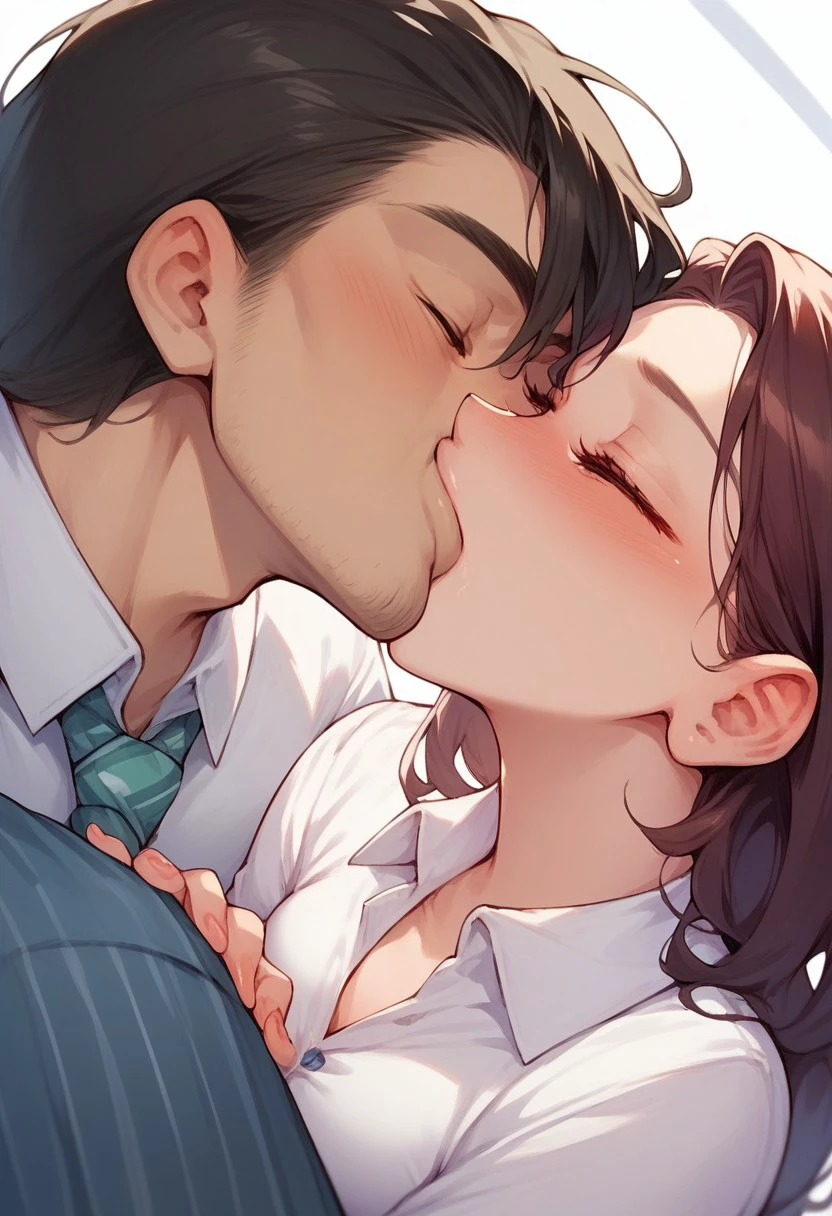 score_9,score_8_up, score_7_up, source_anime, 1girl, 1boy, intense kiss, deep kiss, kiss, collared shirt, stockings, pencil skirt, office lady, office boss, close up, dutch angle