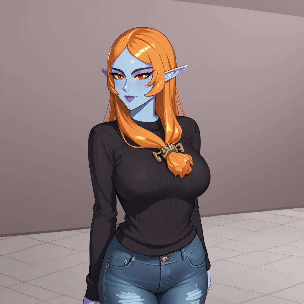 <lora:midnazelda_pony_v1:.8> midna, 1girl, solo, blue skin, colored skin, yellow sclera,, orange hair, large breasts, red eyes, long hair,  purple lips,pointy ears, sweater, jeans