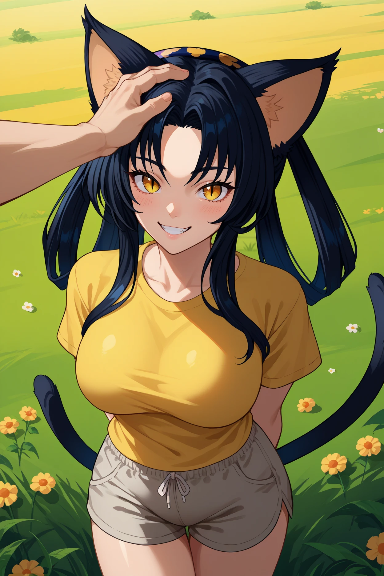 score_9, score_8_up, score_7_up, score_6_up, source_anime, 1girl, <lora:kuroka-pdxl-nvwls-v1-000005:1> dxdKu, cat ears, black hair, yellow eyes, slit pupils, hair rings, hairband, large breasts, yellow t-shirt, grey shorts, looking at you, multiple tails, smile, from above, field, blush, headpat, pov hand, happy, arms behind back, upper body