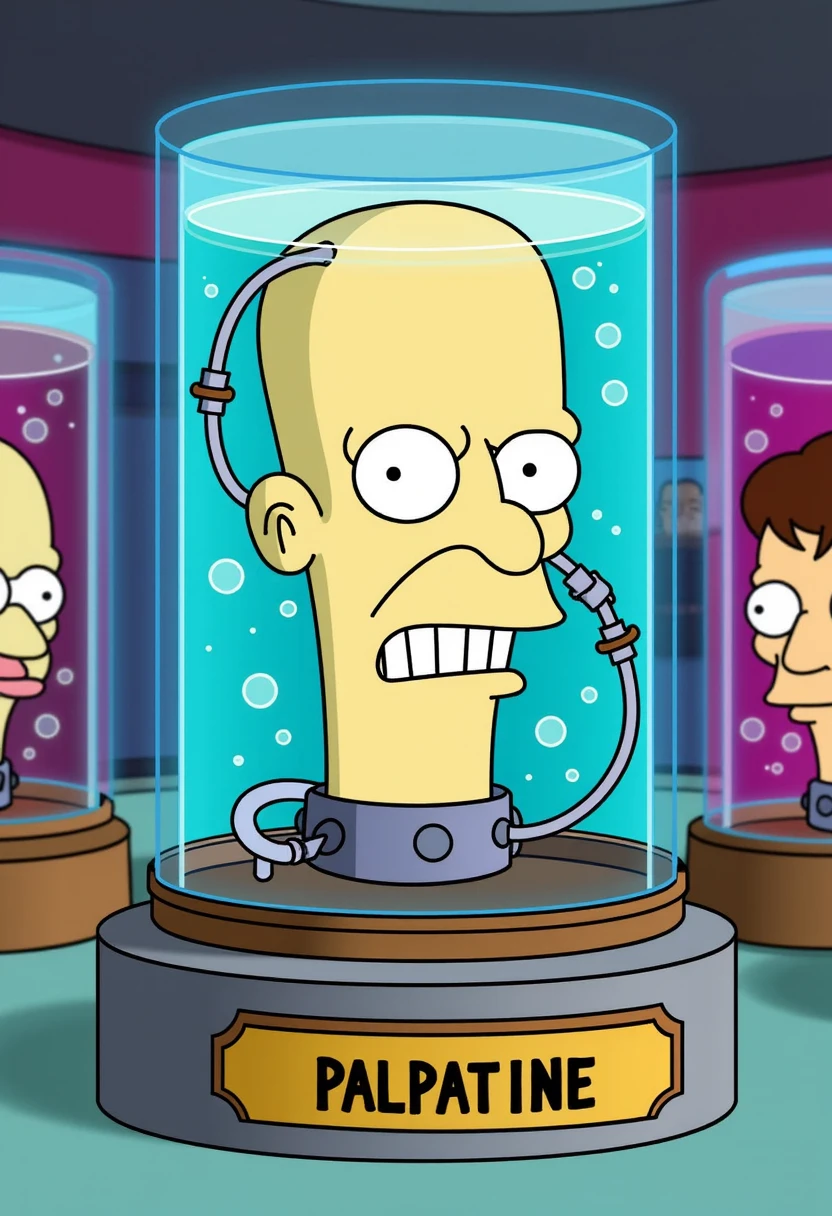 Create a vibrant, cartoon-style image of Emperor Palpatine as a 'living head in a jar,' inspired by the Futurama series. The head should be in a clear jar filled with a bright blue liquid, with exaggerated tubes and wires connected to it, adding a humorous and whimsical touch. The jar should sit on a metallic stand with a bold, simple nameplate on the front that reads 'Palpatine.' The background should be a colorful, futuristic lab with other similar cartoon jars, maintaining a playful and light-hearted tone.