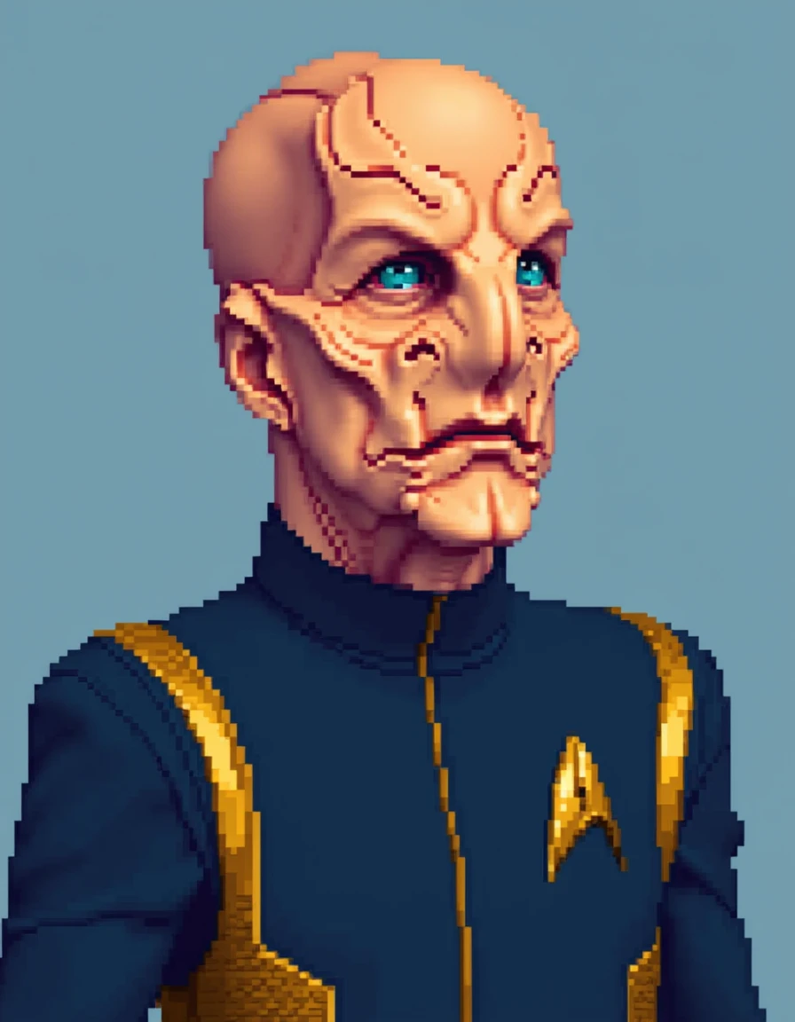 pixel-art <lora:saru-flux:0.7>  bald, star trek, discovery, extra terrestrial live form, blue 22 century discovery uniform gold,  22 century discovery badge gold . low-res, blocky, pixel art style, 8-bit graphics