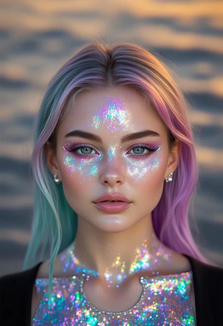 An ultra-detailed, high-resolution portrait of a woman with iridescent hair, styled in an avant-garde fashion, featuring intricate facial piercings: a double eyebrow ring, a septum piercing, and a labret stud. The scene is illuminated with soft, diffused lighting, creating a striking contrast between her punk-inspired look and her delicate, ethereal features. The background is a blend of abstract colors, giving the image a surreal, artistic vibe.