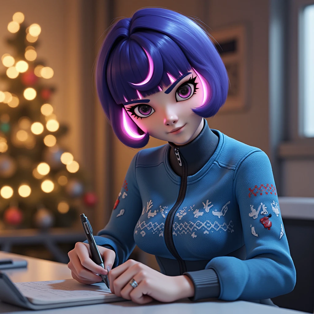 juno wearing a blue christmas sweater, writing in her notebook while sitting on a work desk, christmas tree in the background