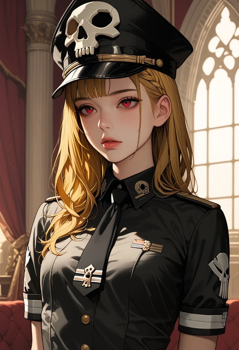 long length hair, golden hair, crown braid, half up and down hairstyle, bright red eyes, oval face, sun-kissed skin with a sprinkling of freckles, slim body, medium high, expressive eyebrows, full lips,  small breast, detailed background, 
skull hat ornament, uniform, military uniform, black uniform, hat, cap, black cap, armband, collared shirt, black necktie,, indoors, hands behind back, cowboy shot,