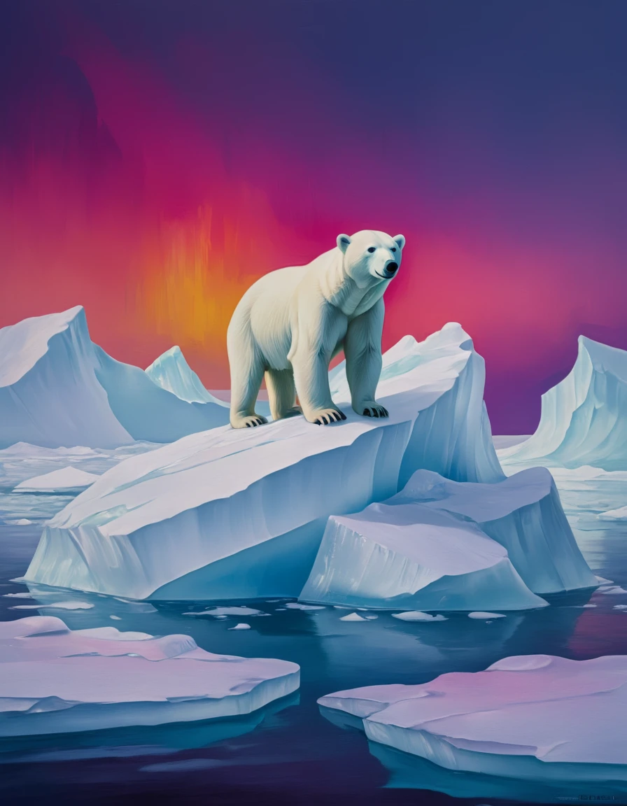 novuschroma82 style polar bear on an ice berg  as a painting <lora:novuschroma82 style:1>