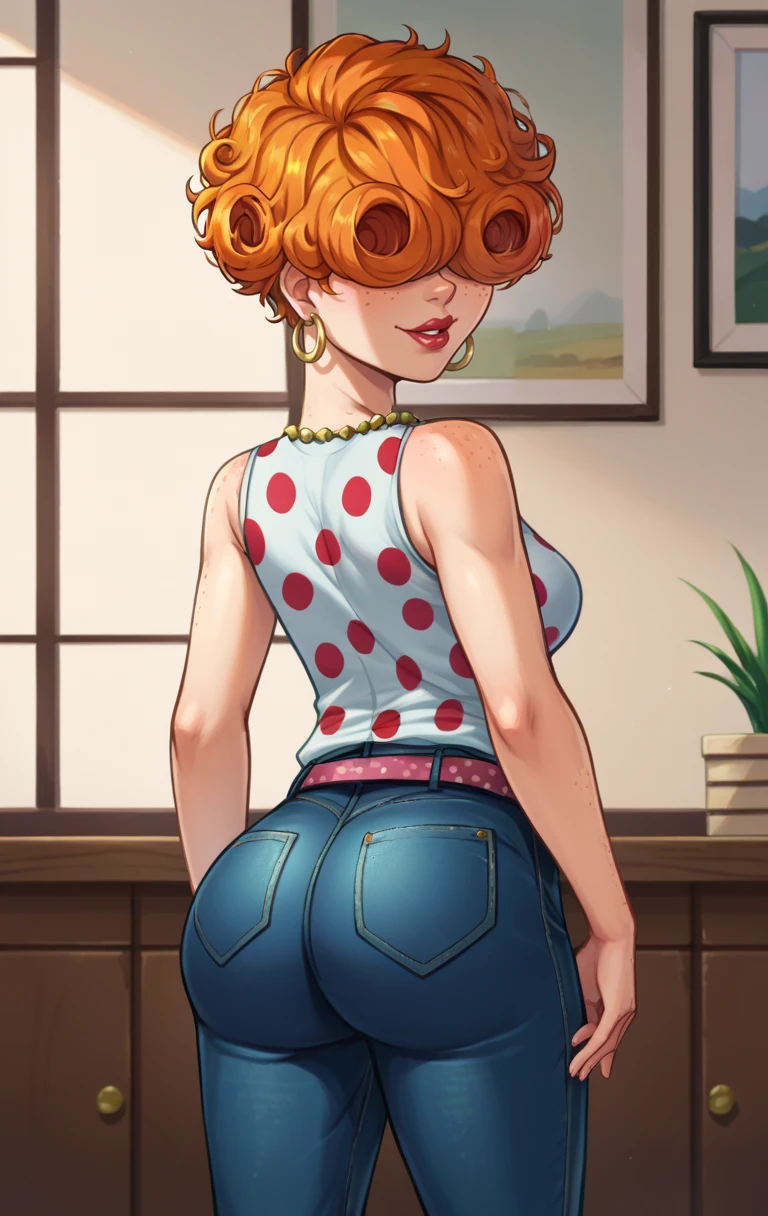 score_9,score_8_up,score_7_up BREAK source_cartoon,<lora:lee-10:1>,leeKankerSDXL,1girl,earrings,short hair,belt,pants,necklace,orange hair,makeup,polka dot,denim,lipstick,curly hair,freckless,jeans,hoop earrings,hair over eyes,room,room background,from behind, looking back, ass focus,